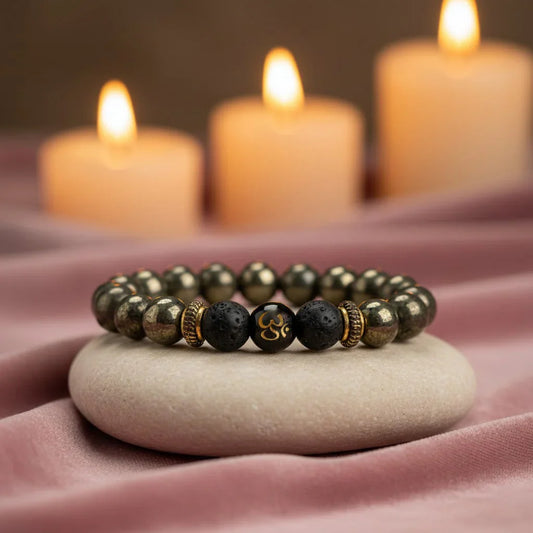 Astro Vedic Om Raw Pyrite with Lava Stone Bracelet