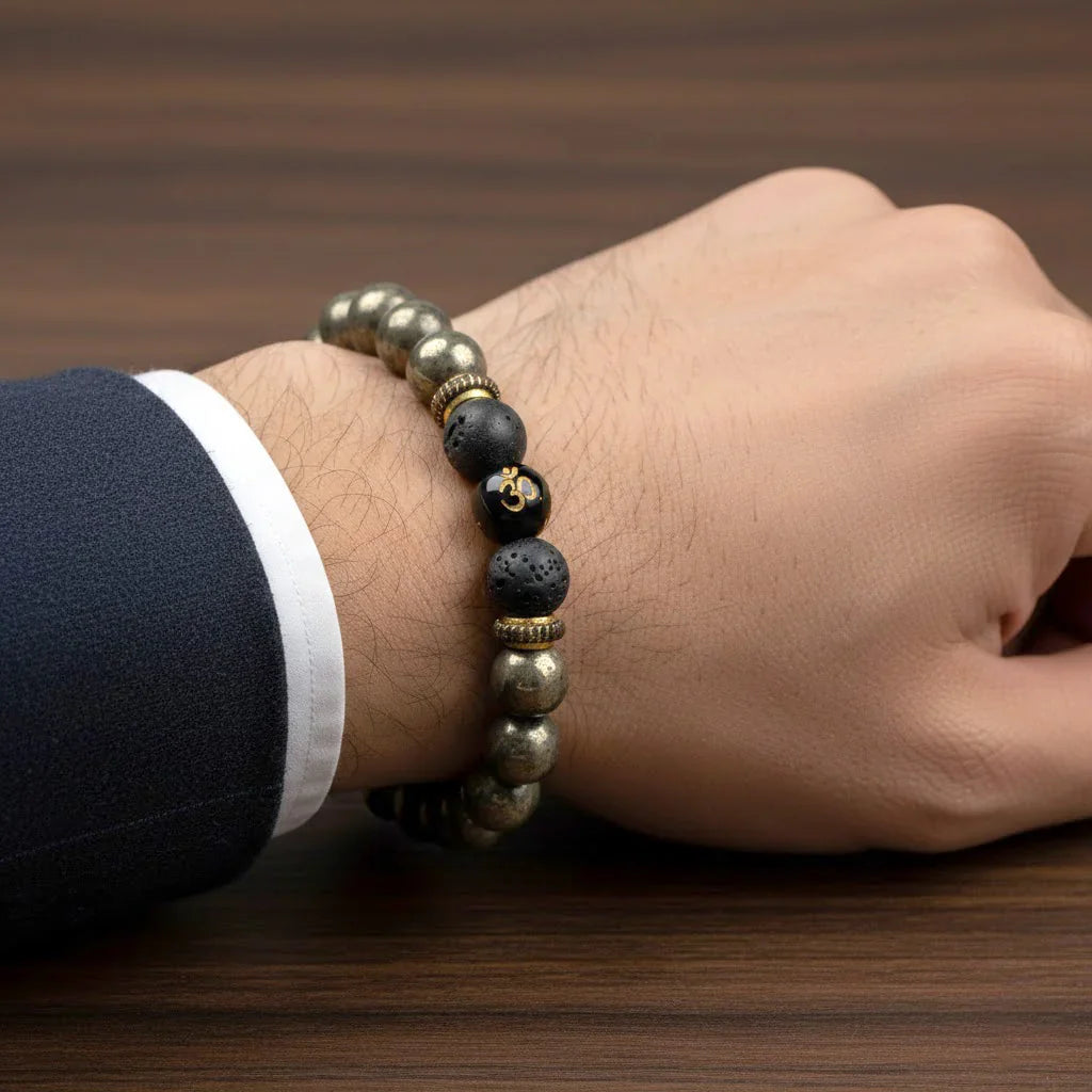 Astro Vedic Om Raw Pyrite with Lava Stone Bracelet
