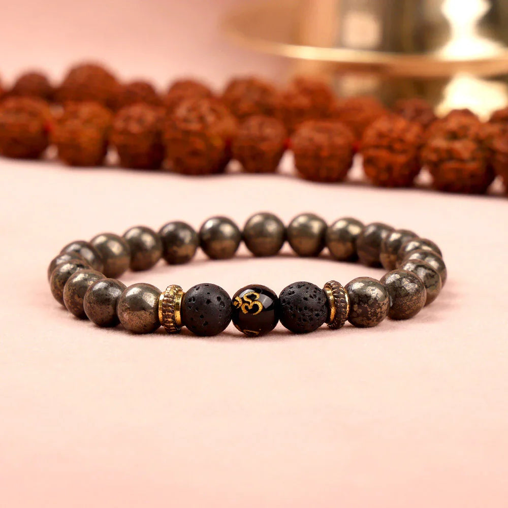 Astro Vedic Om Raw Pyrite with Lava Stone Bracelet