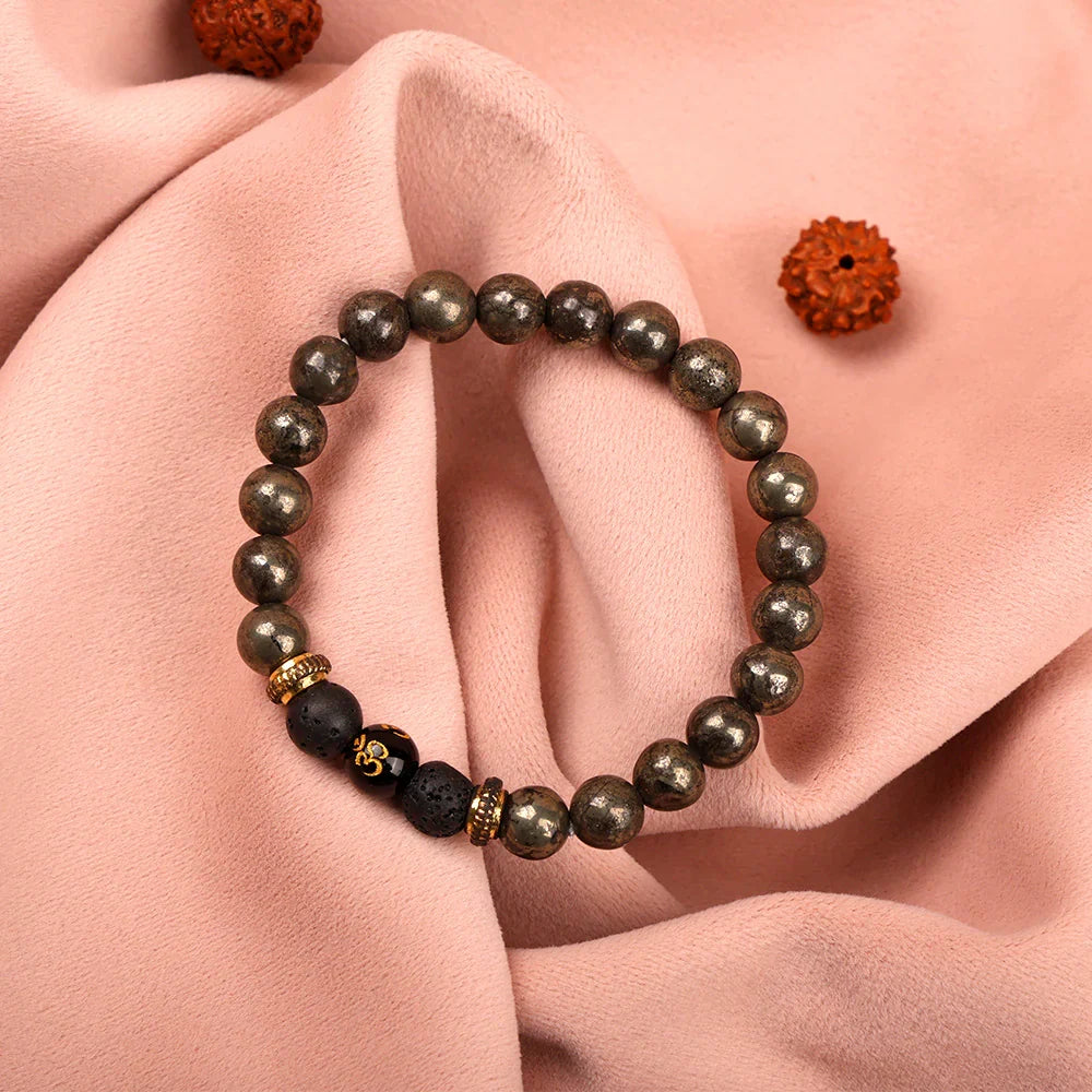 Astro Vedic Om Raw Pyrite with Lava Stone Bracelet