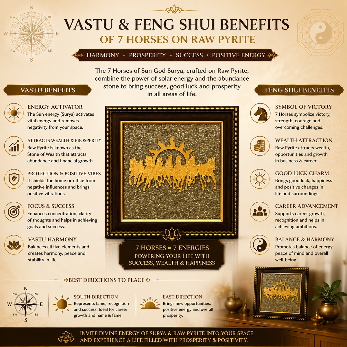 7 Horses on Raw Pyrite Photo Frame for Vastu